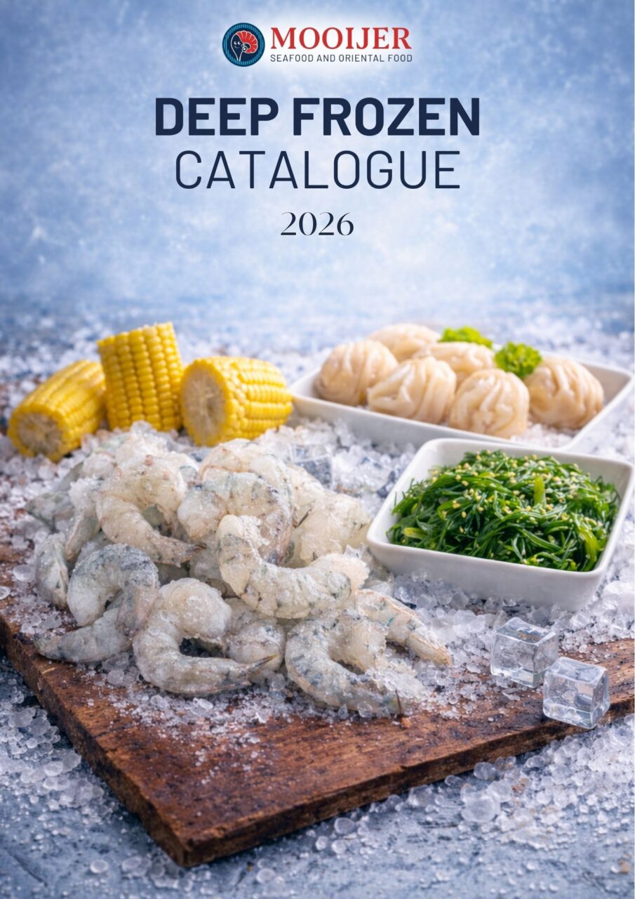 diepvries catalogus van mooijer met mais, dim sum, rauw diepvries garnalen en wakame.