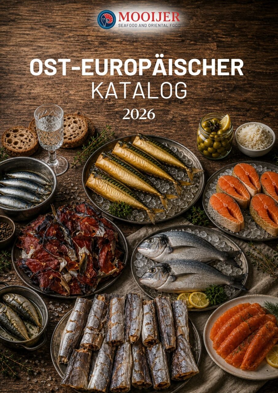 Oost-europese catalogus met vers gerookte spekmakreel, vers gerookte heek, zalm moten, vers gerookte zalm afsnijdsels en dorade. allemaal uit eigen ambachtelijke rokerij van mooijer uit volendam.