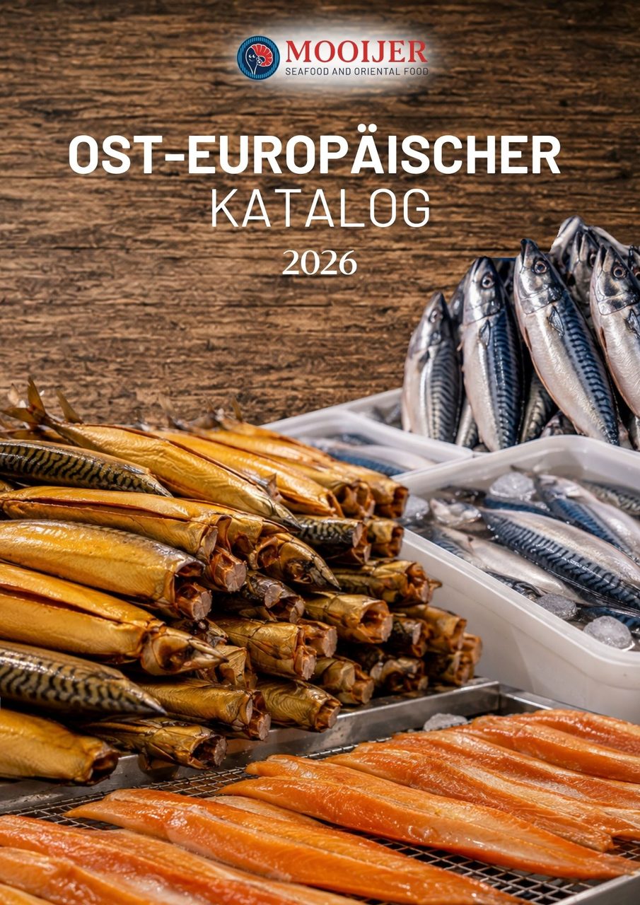 Oost-europese catalogus met vers gerookte spekmakreel, vers gerookte heek, zalm moten, vers gerookte zalm afsnijdsels en dorade. allemaal uit eigen ambachtelijke rokerij van mooijer uit volendam.