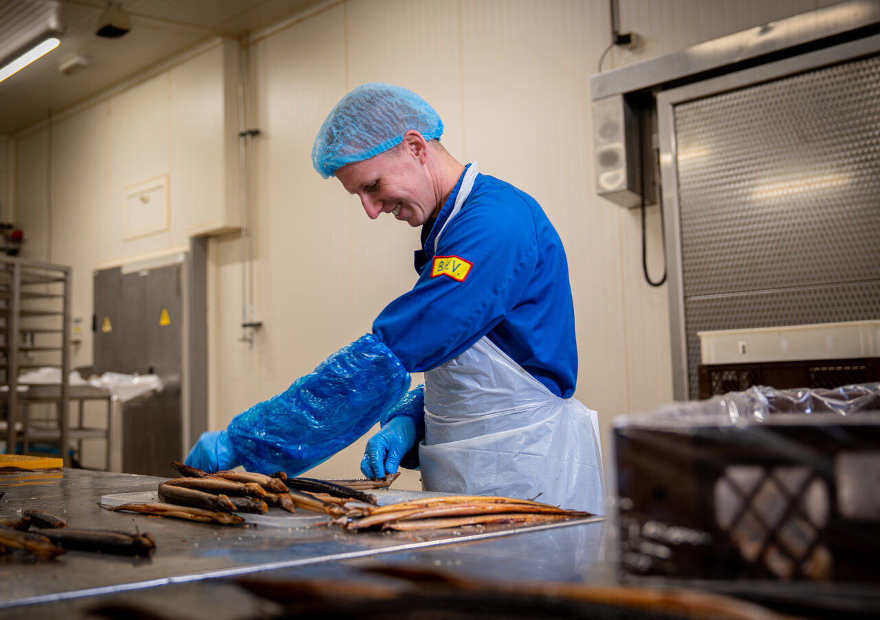 medewerker van mooijer die vers gerookte paling uit eigen rokerij aan het fileren is.